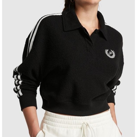PINK by Victoria's Secret Reverse Fleece Cropped Polo Sweatshirt Black - Picture 1 of 13